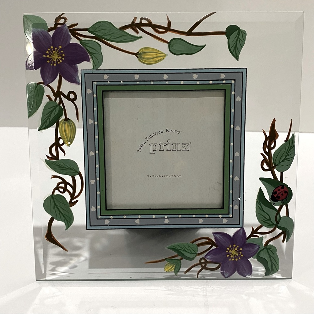 Prinz Glass Photo Frame 3x3 Hand Painted Purple Flowers Ladybug Vine Design
